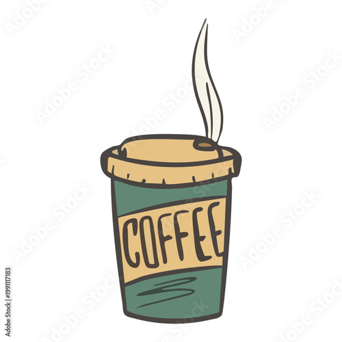 Coffee to go. Disposable Takeaway Cup with hot Steaming drink. Word Coffee on mug. Quick morning pick-me-up. Hand-drawn outline. Green and brown colors. Flat style. Isolated. Vector illustration