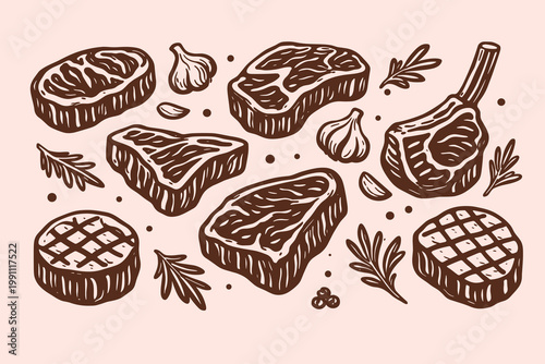 Meat cuts doodle icon set vector illustration with hand drawn steak, chop and rosemary food sketch