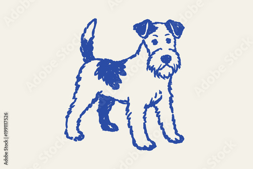 Fényképezés Wire fox terrier doodle vector illustration with hand drawn standing dog in blue