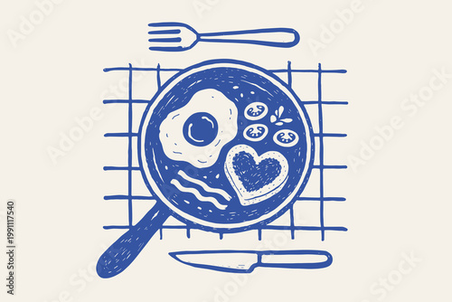 Breakfast skillet doodle vector illustration with fried egg, bacon, toast and tomatoes hand drawn art