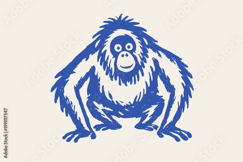 Orangutan doodle vector illustration with hand drawn wild ape in blue vintage sketch animal style