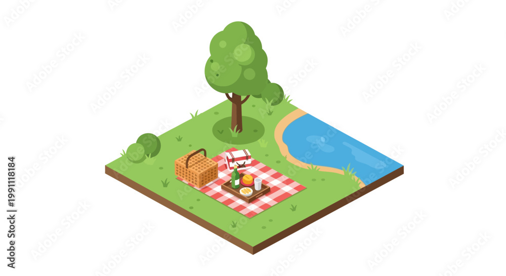 Fototapeta premium Charming isometric park picnic with blanket and basket by a stream