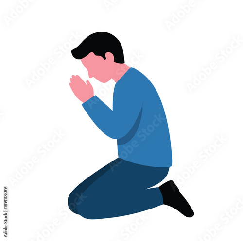 Young man kneeling in humble prayer with hands clasped together in a minimalist flat style art