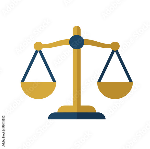Flat vector icon of golden scales of justice representing legal fairness and balanced judgement
