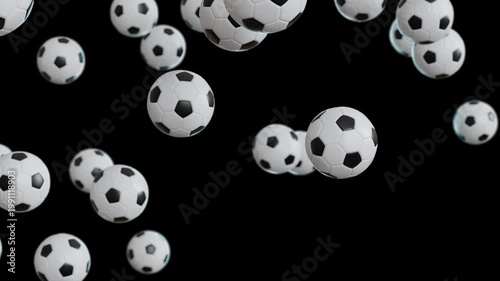 Falling soccer balls on transparent background, seamless sports loop