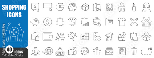Shopping Line Icons Set, E Commerce Retail Online Store Payment Delivery Outline Vector Collection Editable Stroke