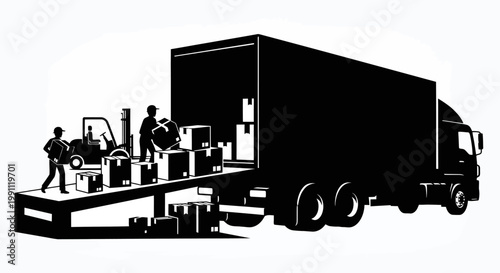 Workers loading boxes into truck.