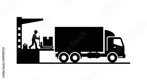 Large Truck with Delivery Man Unloading.