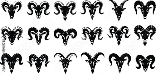 Ram head vector collection featuring various stylized horn designs for professional logo branding projects