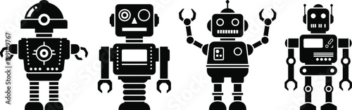 Vector collection of black silhouette robots isolated on a clean white background design