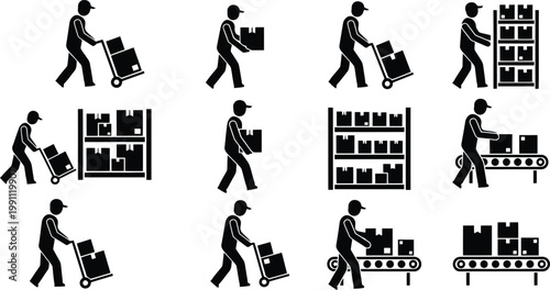 Warehouse workers icons set depicting logistics shipping distribution and supply chain management vector illustration