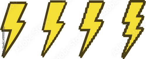 Four pixel art lightning bolt vector graphic illustrations on white background