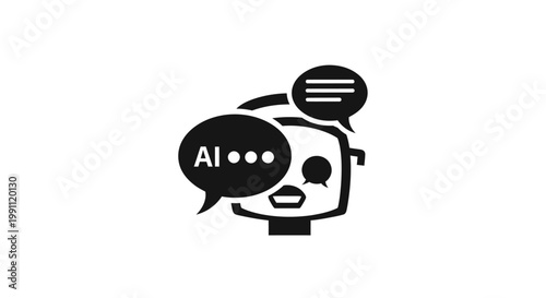 Robot head with speech bubbles AI.