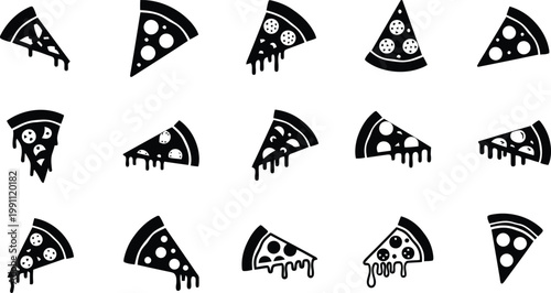 Pizza slice vector icons set featuring various delicious pepperoni and cheese melting food designs