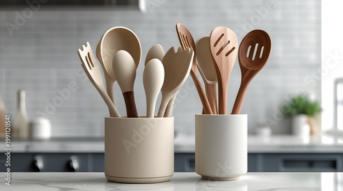 Stylish Beige Silicone Utensils Set in Ceramic Holder Bright Clean Kitchen Background
