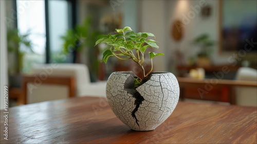 Heart-shaped cracked ceramic pot with a small green plant growing inside placed on a wooden table in a cozy living room setting with natural light