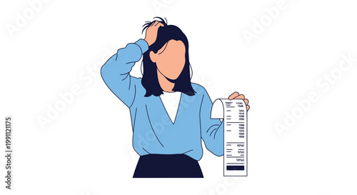 Cuadro en lienzo Woman Pulling Hair While Checking Receipt Totals Vector Illustration