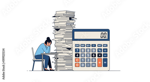 Woman Overwhelmed by Document Stack with Calculator Vector Illustration