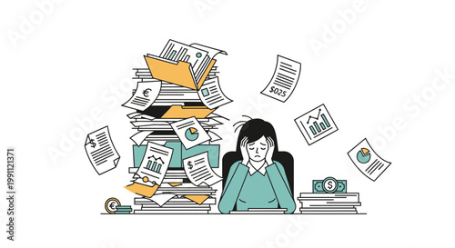 Woman Overwhelmed by Messy Financial Documents Flat Minimalist Vector Illustration