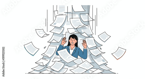 Woman Overwhelmed by Paperwork Avalanche Flat Five Color Minimalist Vector Illustration