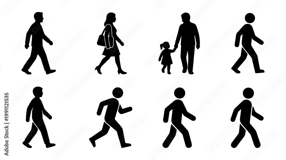 Obraz premium Walking people silhouettes, black pedestrian icons set, 8 human figures in motion vector