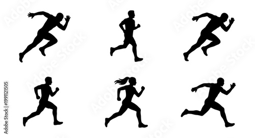 Running athlete silhouettes, 6 sprinting runner icons, black jogging people vector set