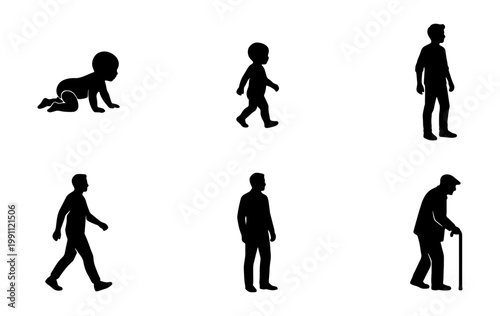 Human life cycle silhouettes, aging process vector set, male growth stages icons