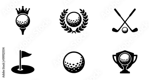 Vintage golf icons set, black sport club logos, 6 vector tournament badges and emblems