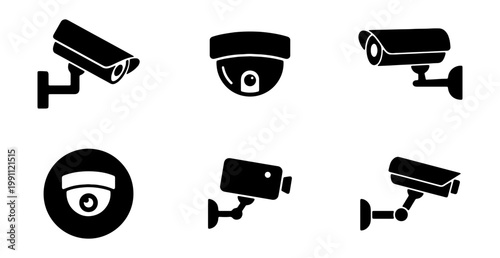 Security camera icon set, black CCTV surveillance vector, 6 monitoring system symbols