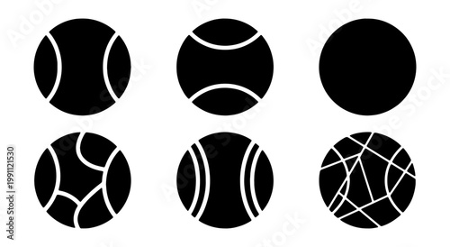 Tennis ball icons set, black minimalist sports equipment, 6 vector ball silhouettes