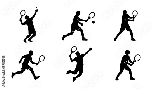 Tennis player silhouettes, 6 athlete vector icons, black sport action poses on white