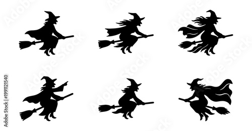 Witch silhouette collection, flying witches on broomsticks, 6 Halloween vector icons