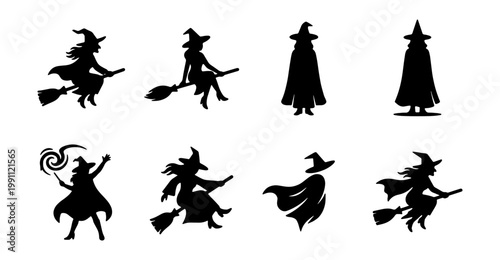 Halloween witch silhouettes, 8 flying sorceress icons, black magic vector set