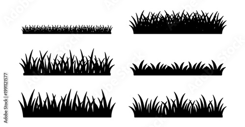 Black grass silhouettes, 6 meadow turf borders, botanical lawn vector elements