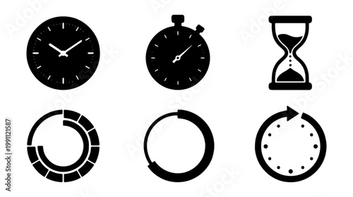 Minimalist time icons set, black clock and stopwatch symbols, 6 vector timer elements