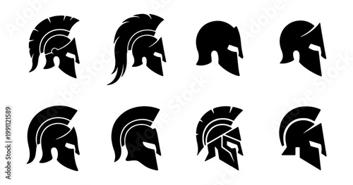 Spartan helmet silhouette set, 8 ancient Greek warrior icons, gladiator head vector