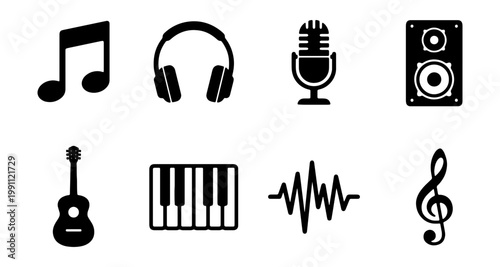Music icons set, black audio equipment symbols, 8 vector sound design elements