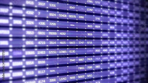 Dynamic stock market data ticker with rising and falling numbers representing global economy, fintech, and digital currency analytics.

