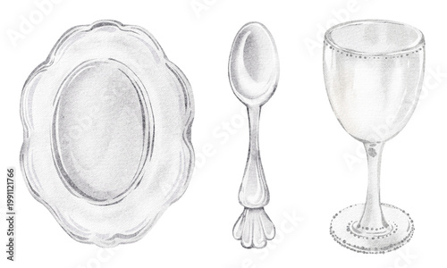 Photos Silverware illustration watercolor hand painted vintage tableware set