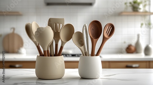 Modern Kitchen Utensil Set Display Neutral Silicone Tools on Marble Countertop