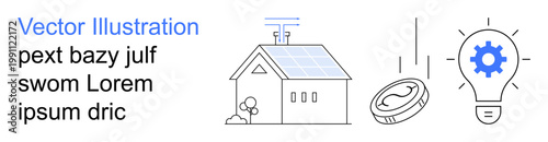 Renewable energy, smart home, technology, innovation, environmentally conscious living, financial savings. Solar-powered home with coin and lightbulb icon. Renewable energy and smart home technology