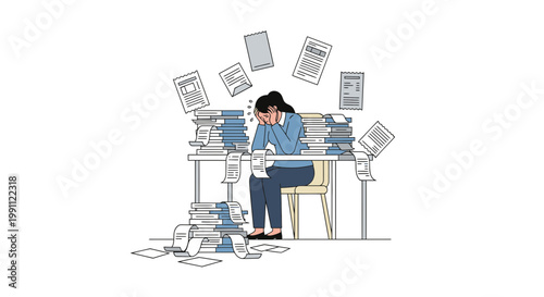 Woman Stressed with Invoice Pile and Receipts Flat Minimalist Vector Illustration