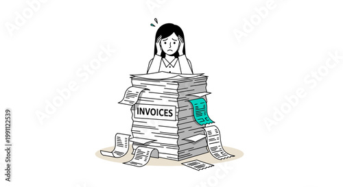 Woman Stressed by Invoice Stack and Receipts Flat Minimalist Vector Illustration