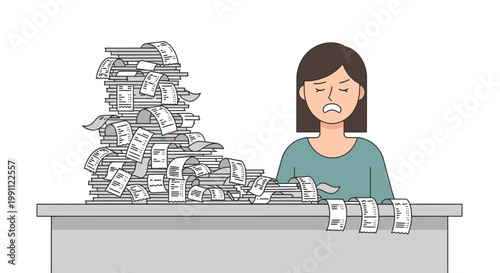 Woman Stressed by Receipt Avalanche on Kitchen Counter Vector Illustration