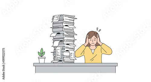 Woman Stressed by Receipt Stack on Kitchen Counter Flat Minimalist Vector Illustration
