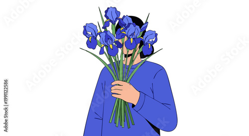 Anonymous person holding blue iris bouquet over black background