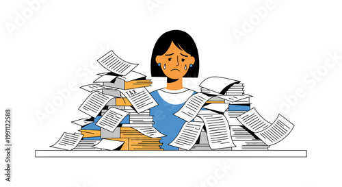 Woman Stressed by Tax Paperwork Avalanche Flat Minimalist Vector Illustration
