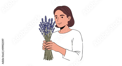 Woman holding and smelling purple lavender bouquet. Vector illustration on black background