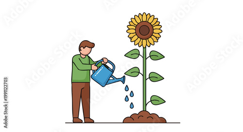 Gardener watering sunflower plant. Concept of growth, care, and nurturing