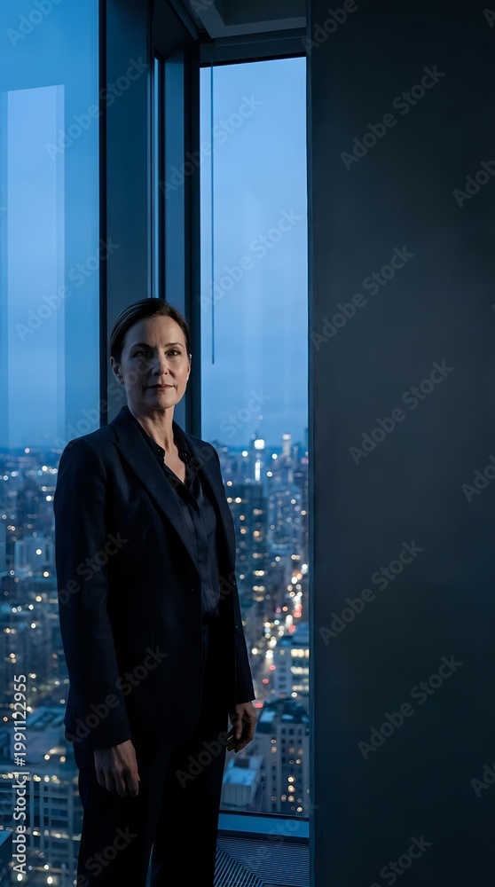 Fototapeta premium Professional businesswoman in dark suit standing by floor-to-ceiling windows overlooking illuminated city skyline at dusk for corporate leadership concepts.